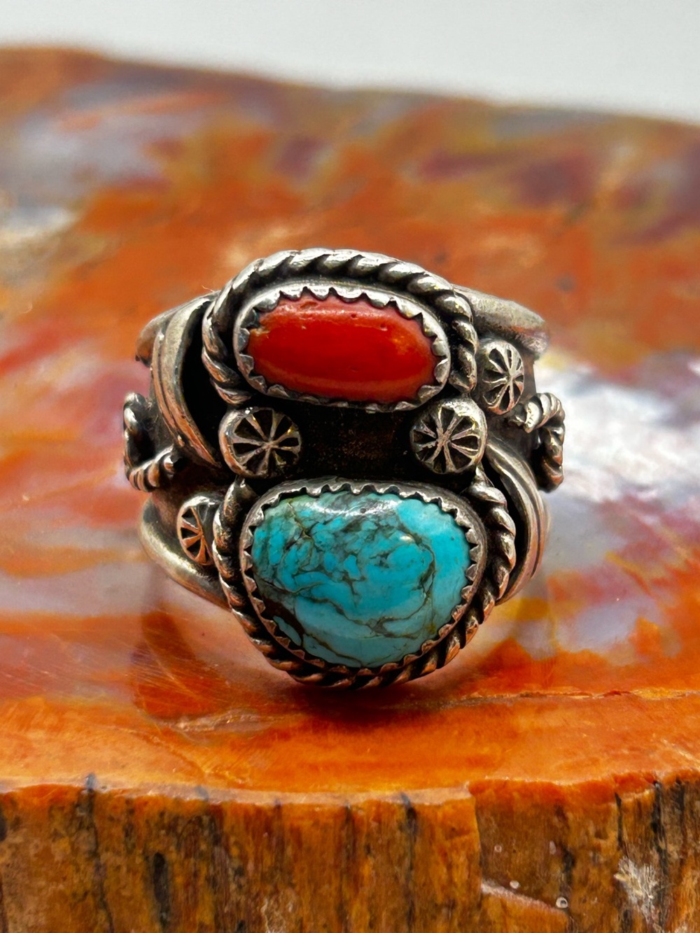 Southwest Sterling Silver Coral and Turquoise Ring - Size 12